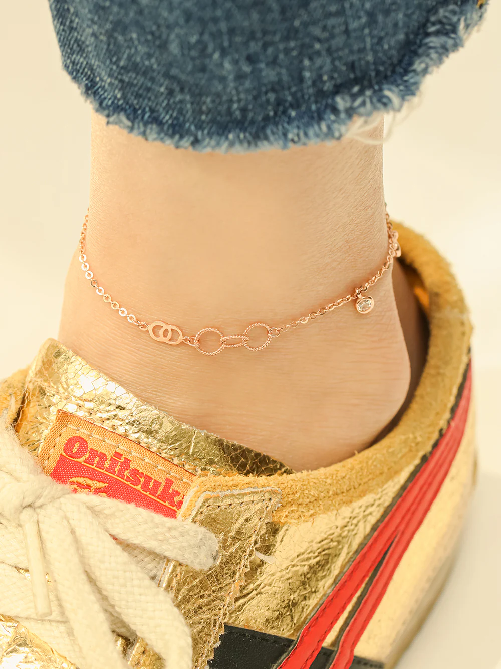 14K 18K Gold Circle Ring Cubic Drop Chain Anklet - Image 11