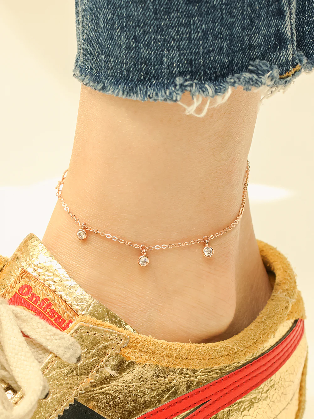 14K 18K Gold Circle Ring Cubic Drop Chain Anklet - Image 2