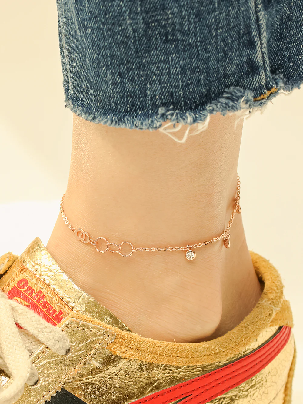 14K 18K Gold Circle Ring Cubic Drop Chain Anklet - Image 4