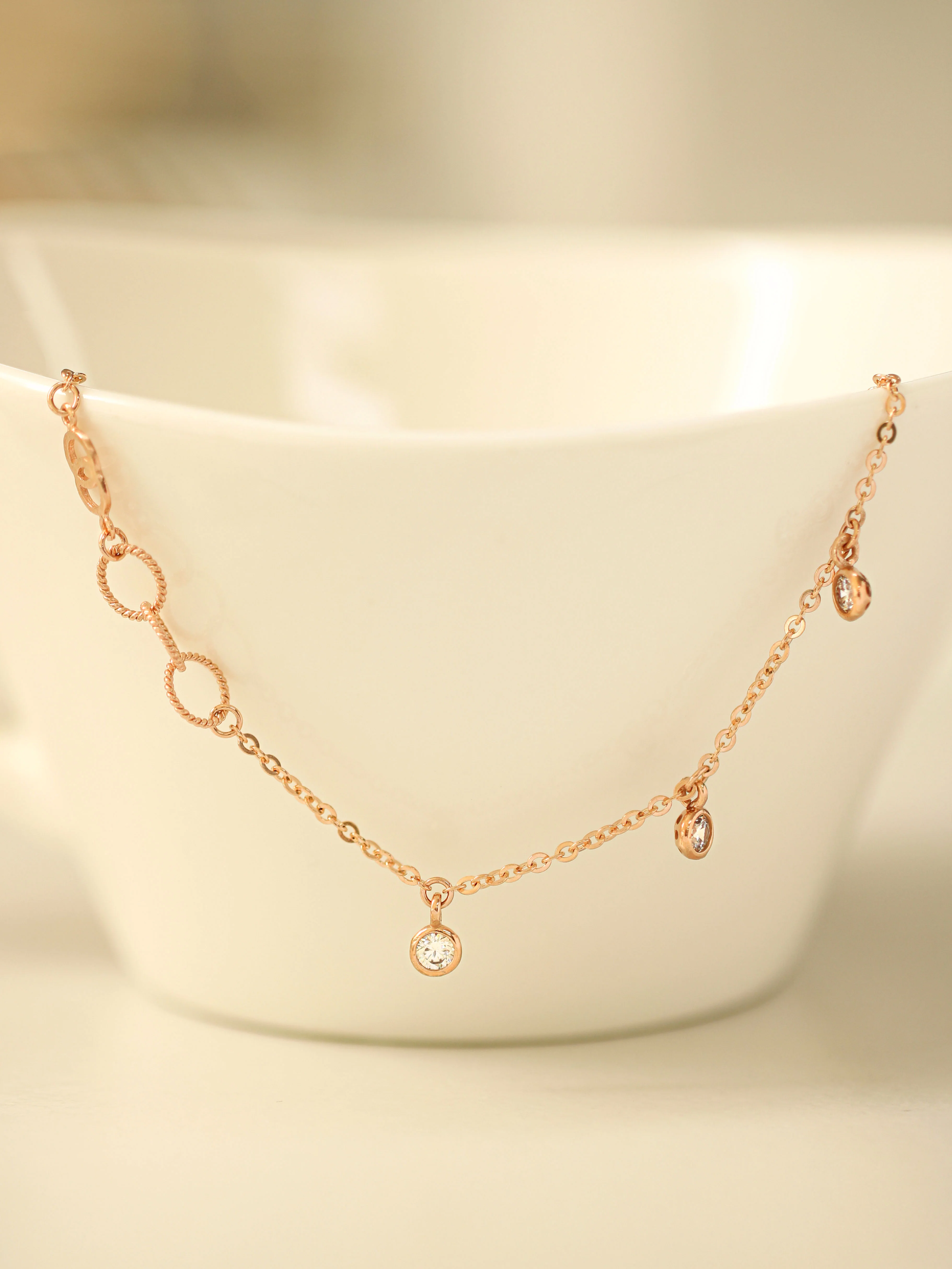 14K 18K Gold Circle Ring Cubic Drop Chain Anklet - Image 7