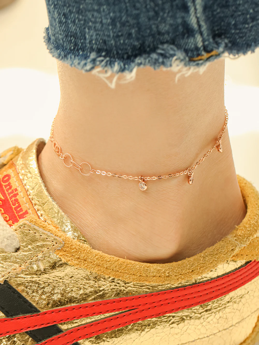 14K 18K Gold Circle Ring Cubic Drop Chain Anklet - Image 8