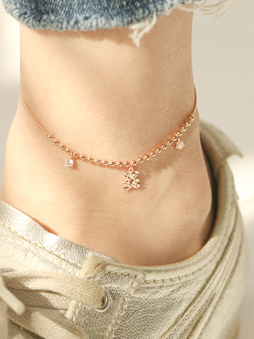 14K 18K Gold Bear Cubic Anklet - Image 3