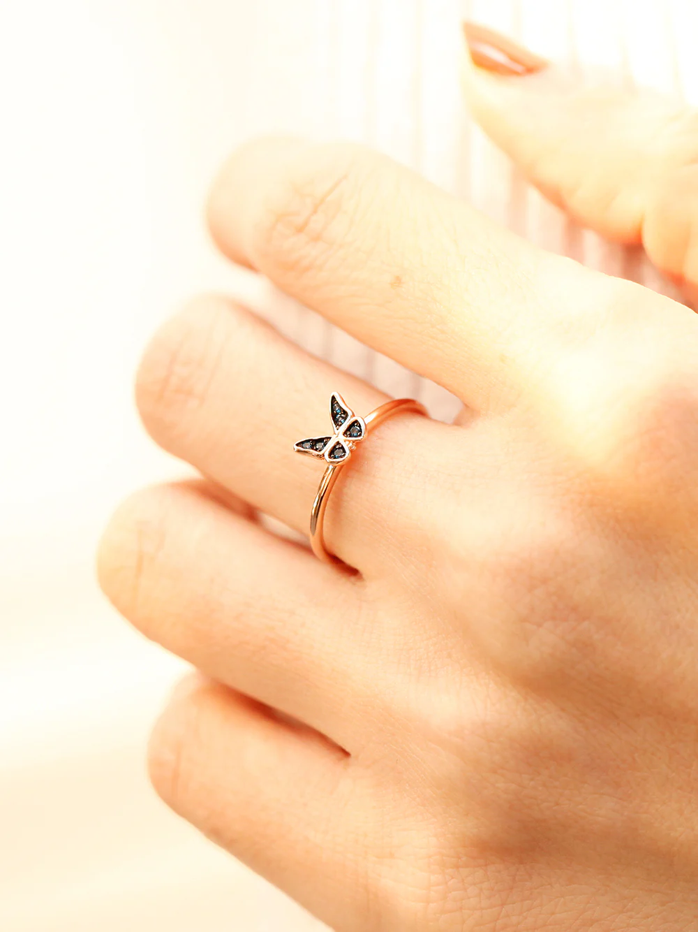 14K Gold Bling Blue Diamond Butterfly Ring - Image 3