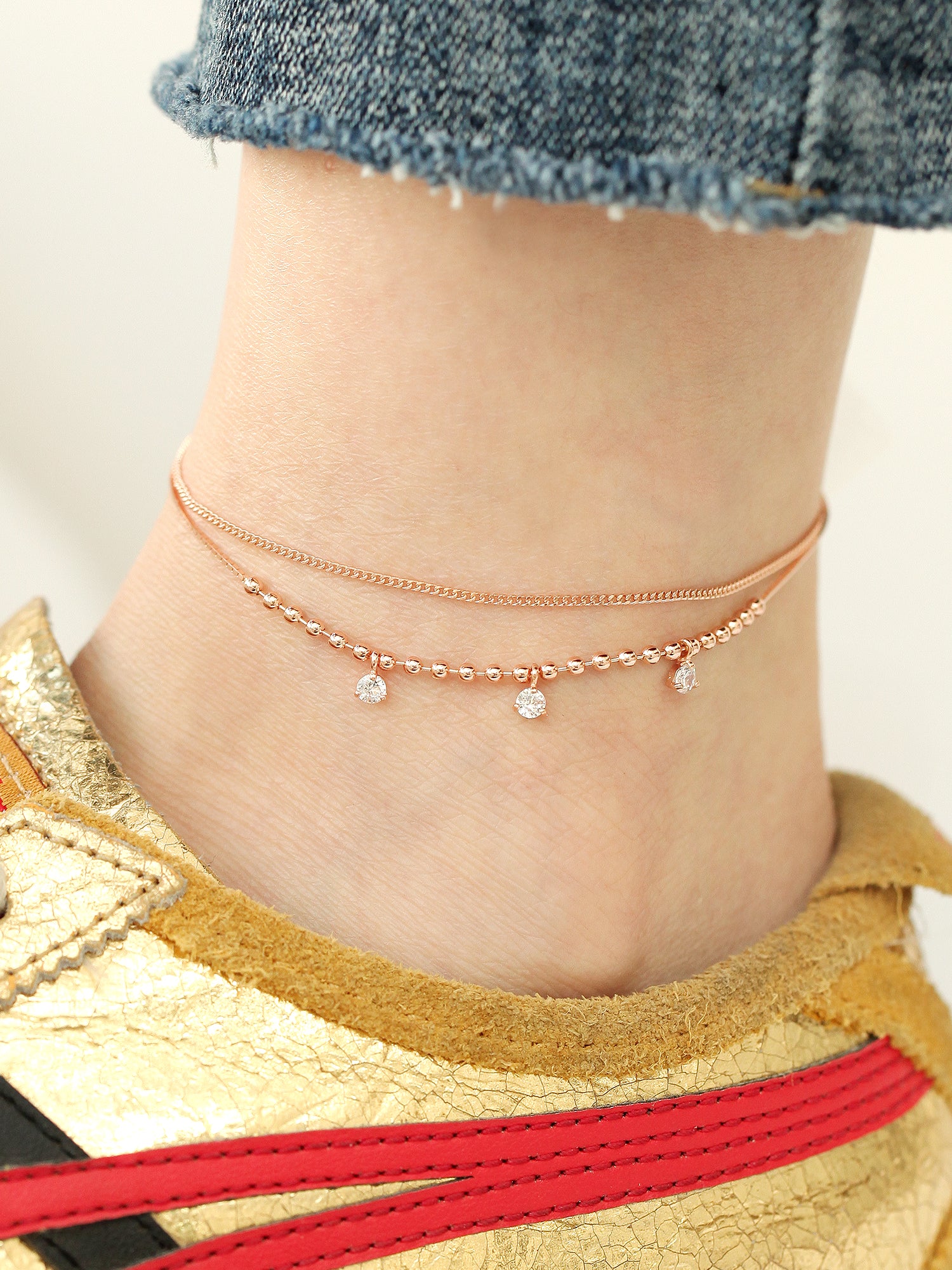 14K 18K Gold Cubic Ball Chain Anklet - Image 3