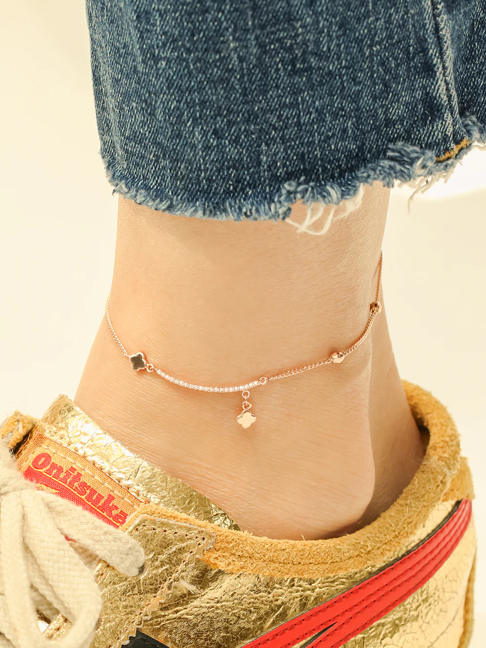 14K 18K Gold Curve Cubic Chain Clover Anklet