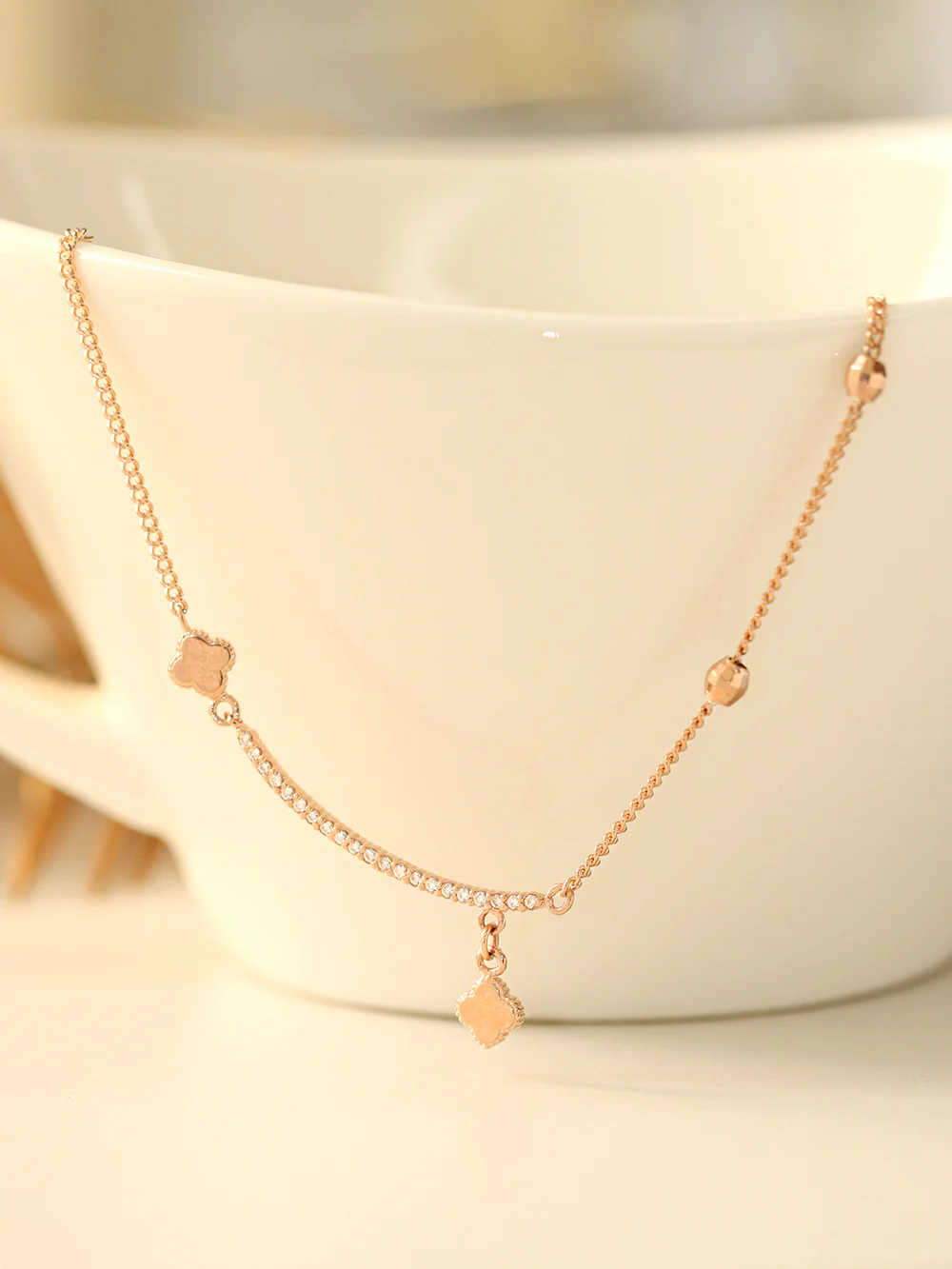 14K 18K Gold Curve Cubic Chain Clover Anklet - Image 4