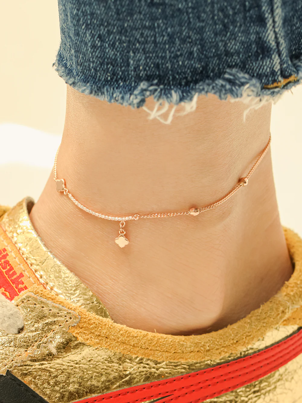 14K 18K Gold Curve Cubic Chain Clover Anklet - Image 5