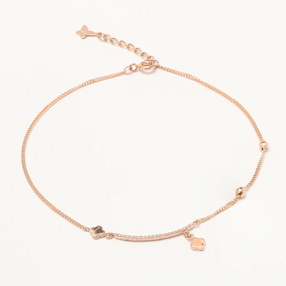 14K 18K Gold Curve Cubic Chain Clover Anklet - Image 8
