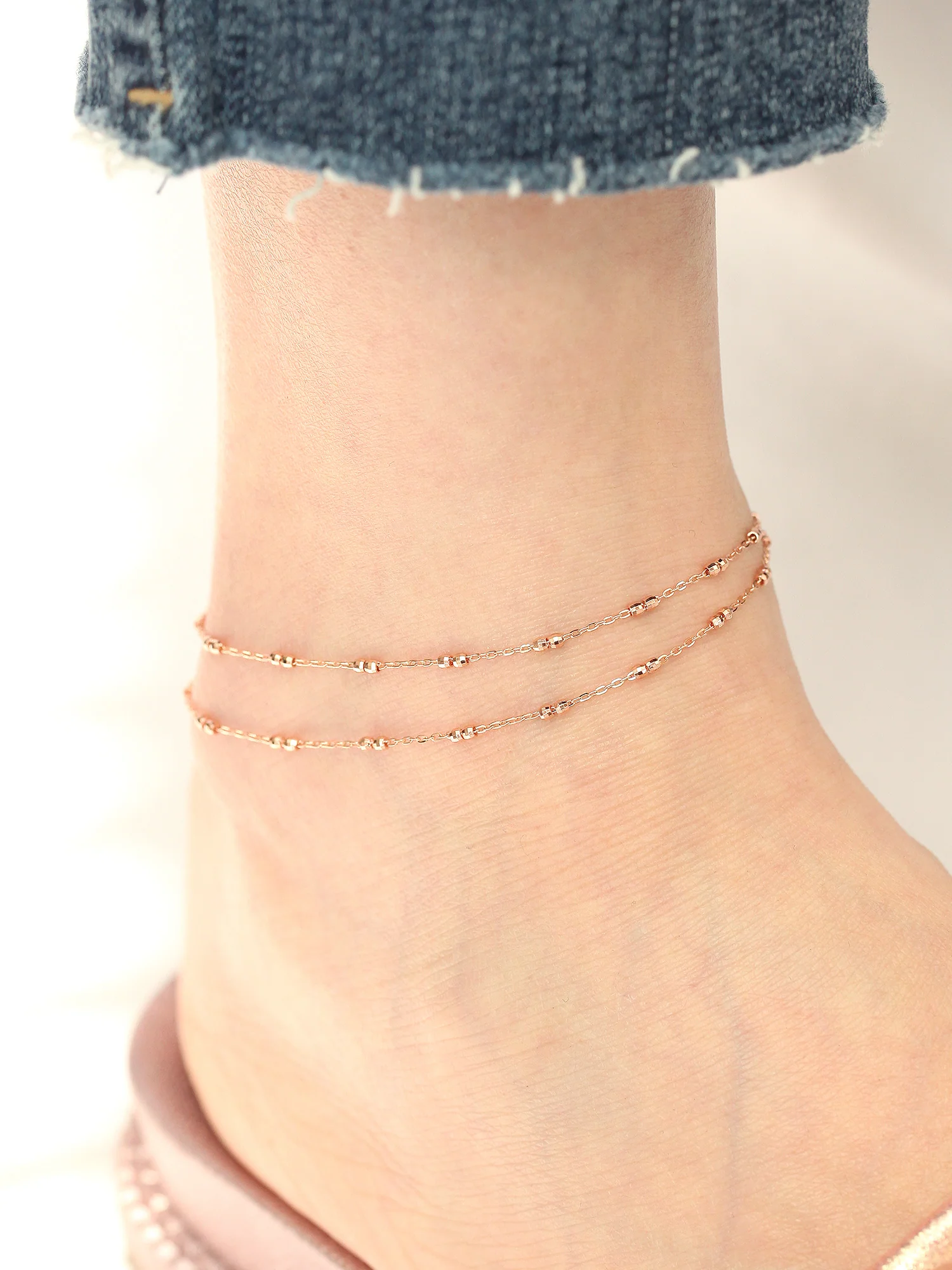 14K 18K Gold Cutting Ball Chain Anklet - Image 2
