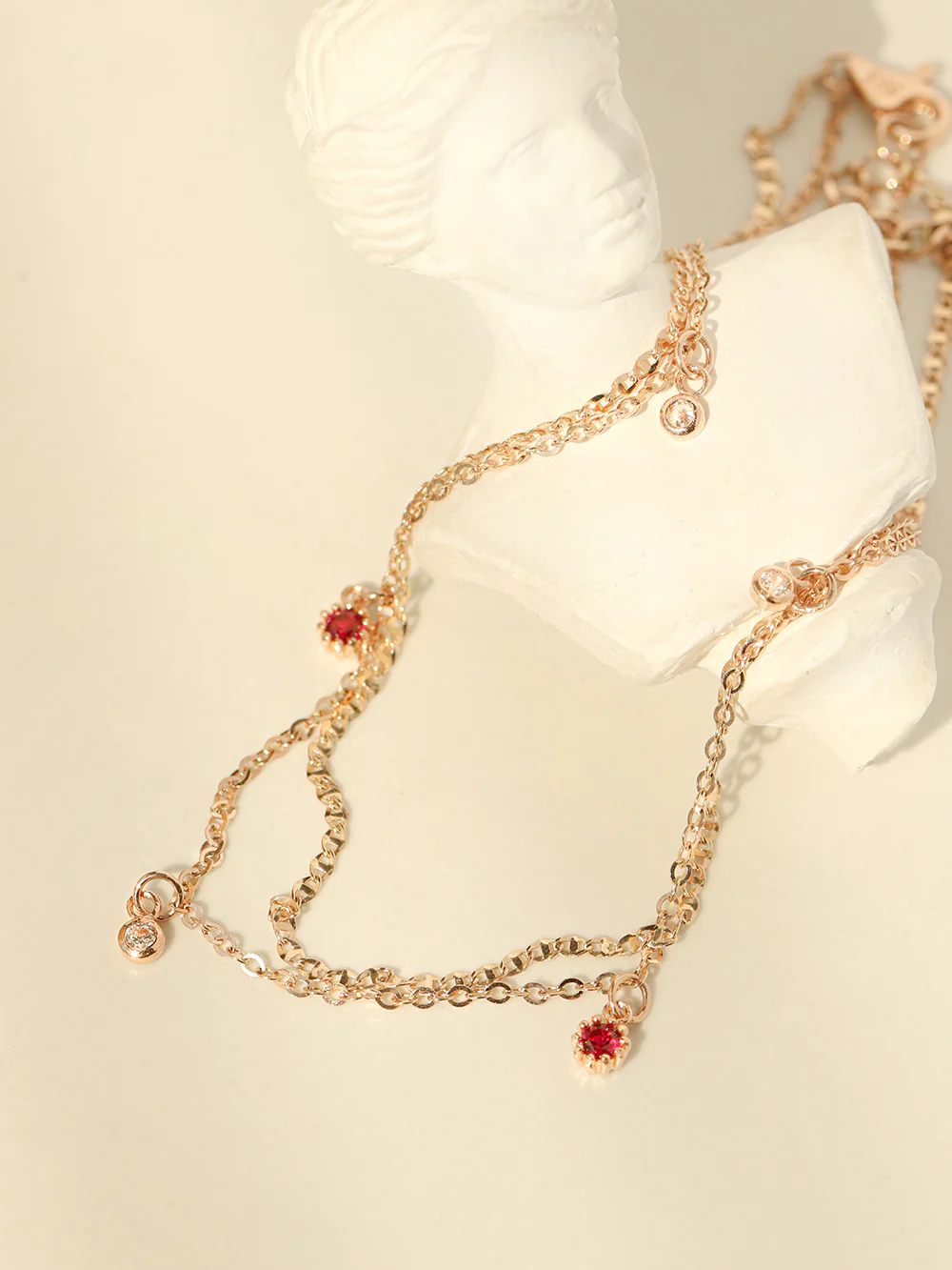 14K 18K Gold Drop Cubic Two Lines Layered Anklet - Image 2