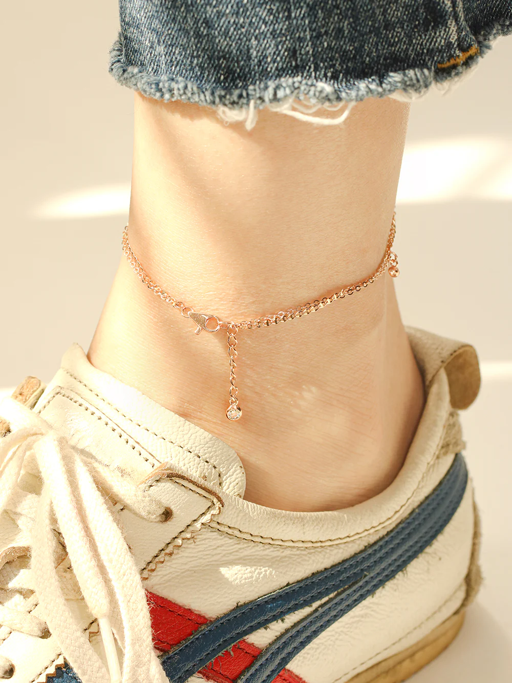 14K 18K Gold Drop Cubic Two Lines Layered Anklet - Image 3