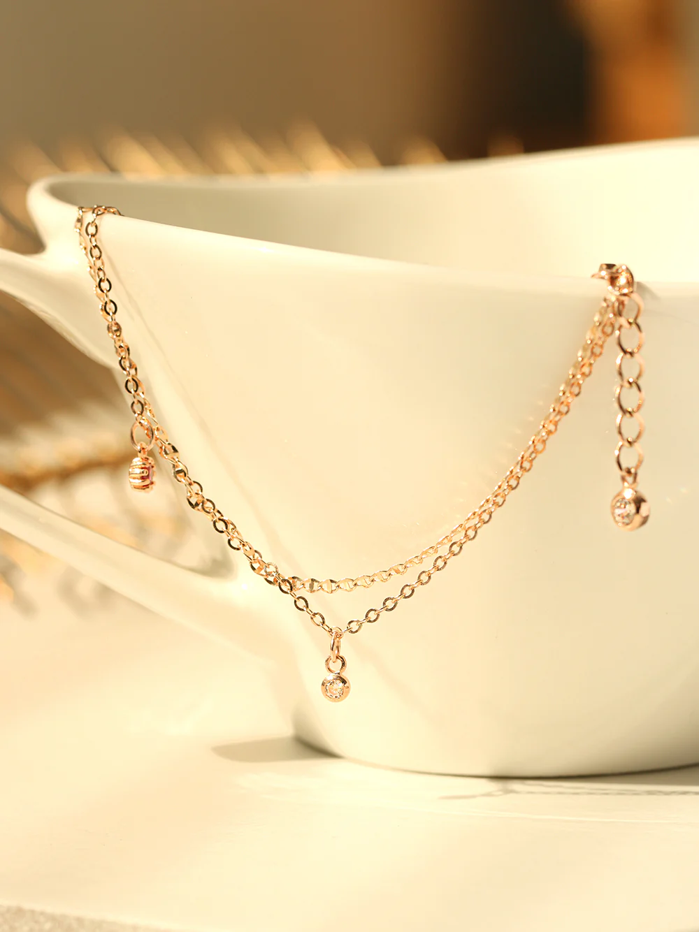 14K 18K Gold Drop Cubic Two Lines Layered Anklet - Image 6