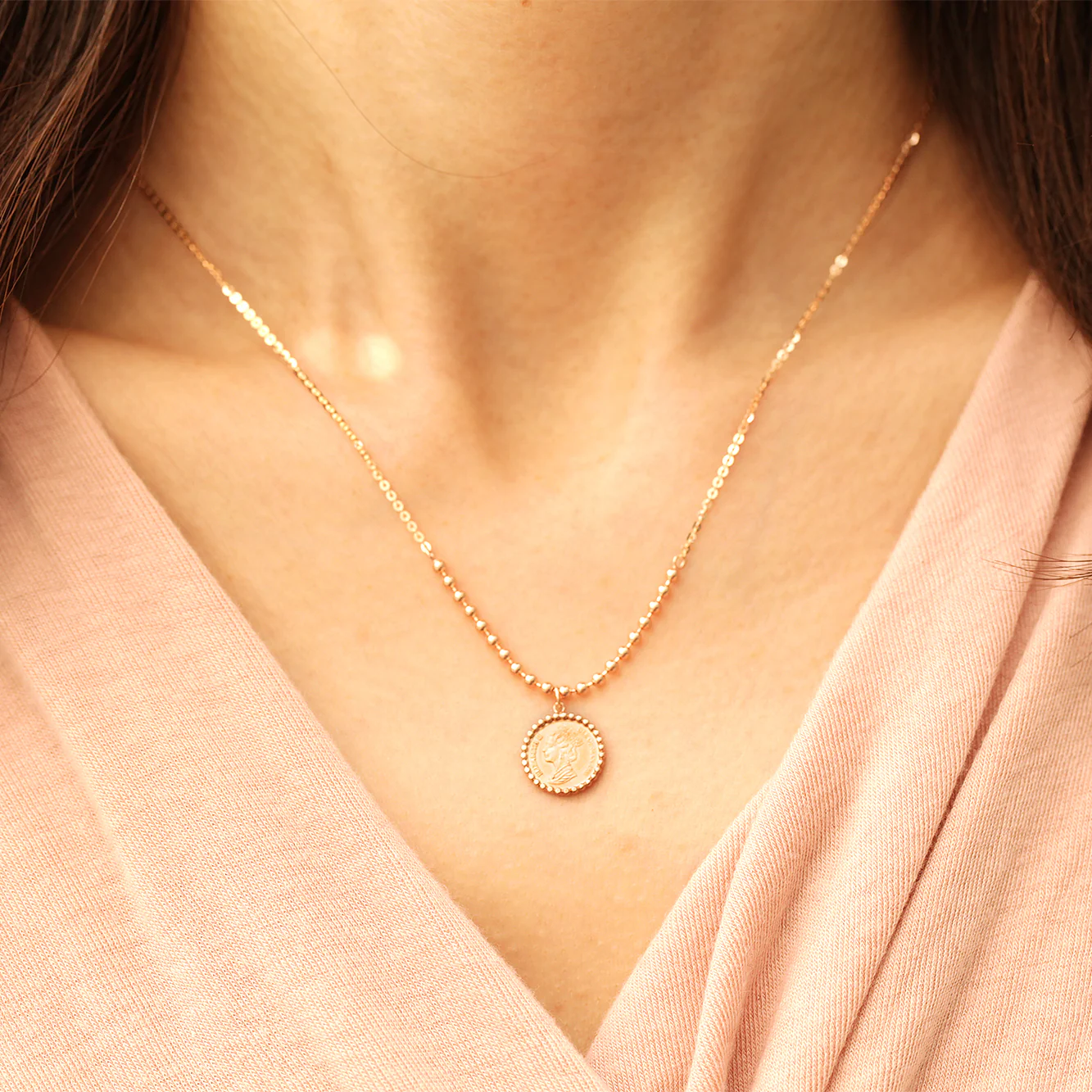14K 18K Gold Elizabeth ball chain coin Necklace - Image 14