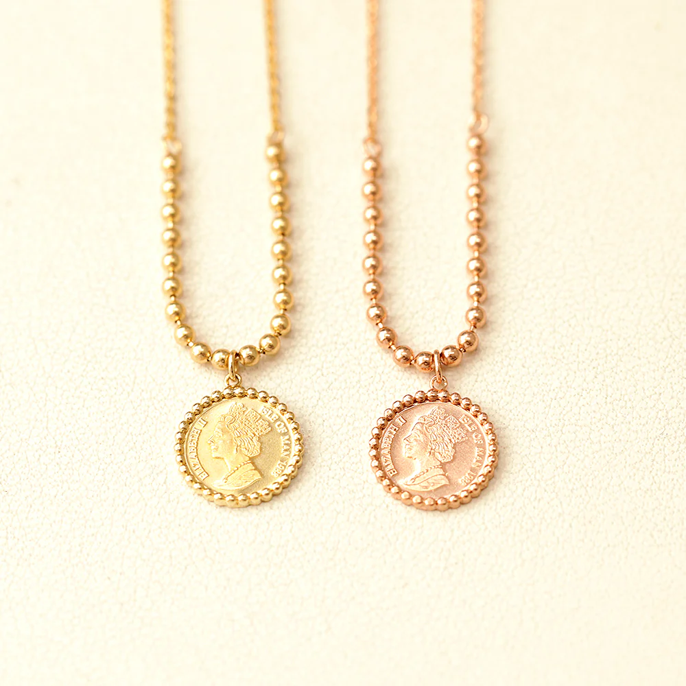 14K 18K Gold Elizabeth ball chain coin Necklace - Image 17