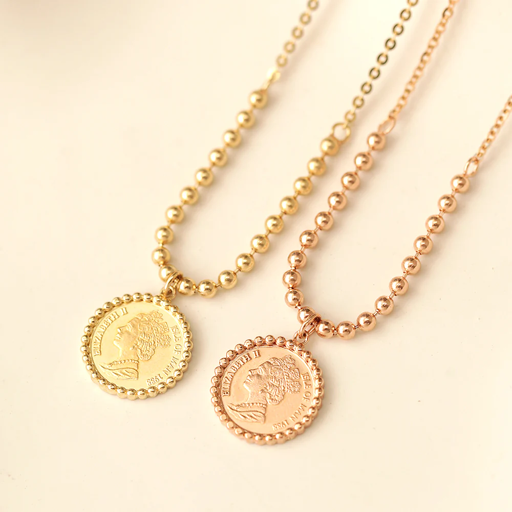 14K 18K Gold Elizabeth ball chain coin Necklace - Image 19