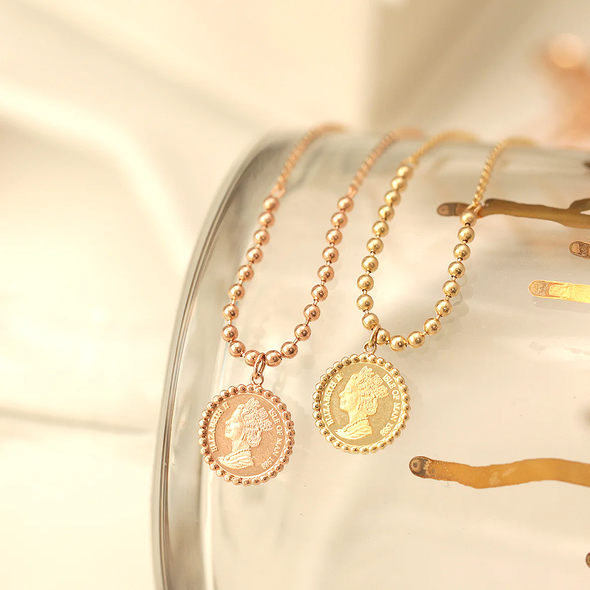 14K 18K Gold Elizabeth ball chain coin Necklace - Image 3