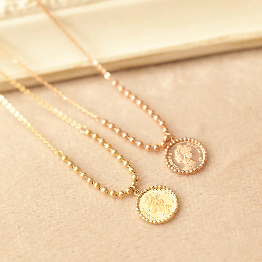 14K 18K Gold Elizabeth ball chain coin Necklace - Image 5