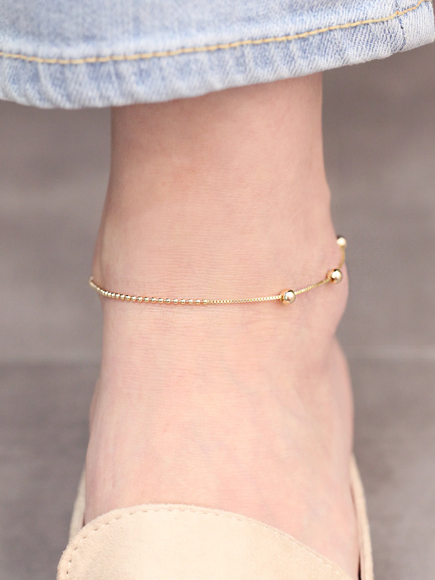 14K 18K Gold Half Box chain Ball Anklet - Image 2