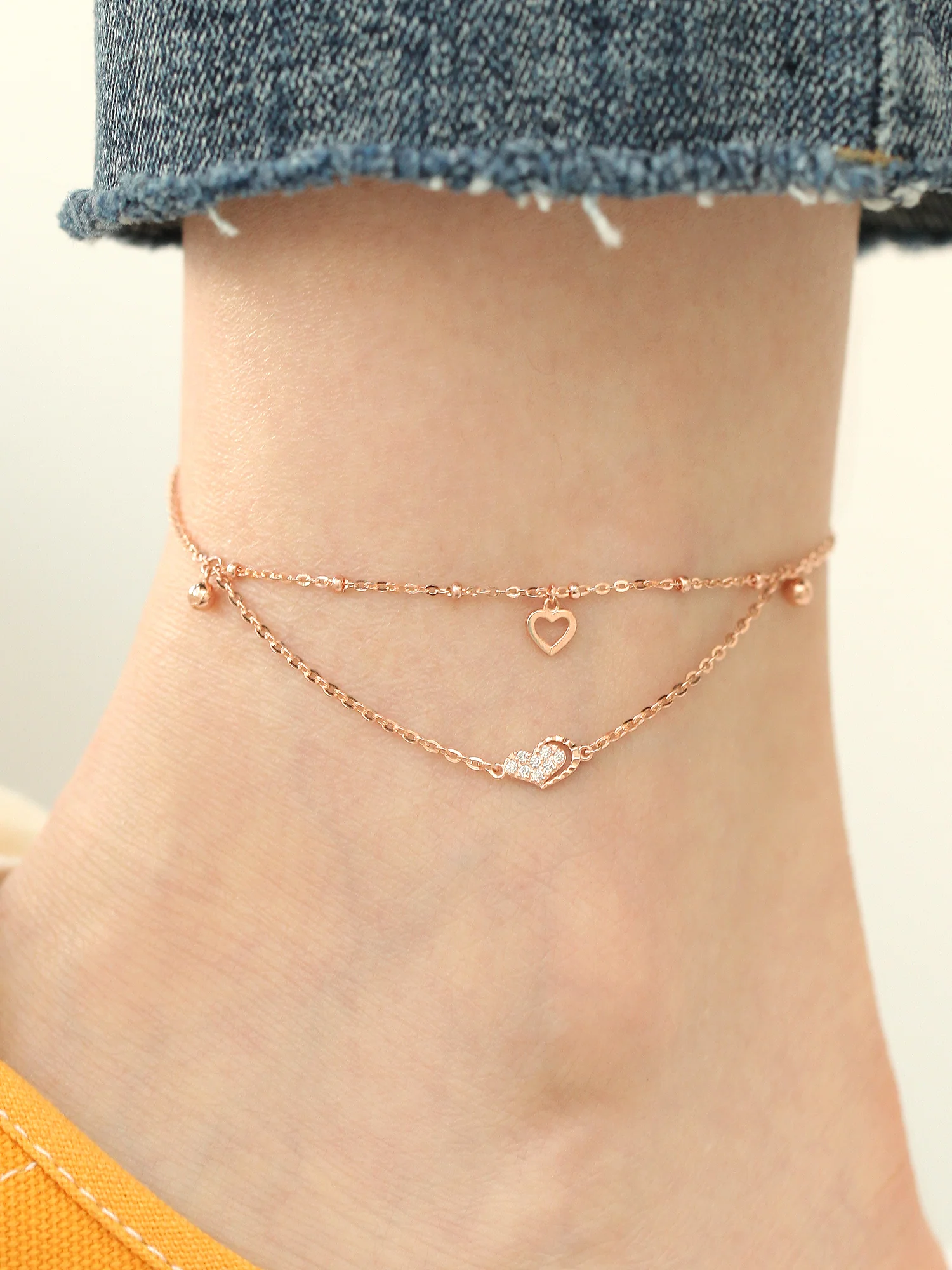 14K 18K Gold Heart Cubic Ball Chain Anklet - Image 7