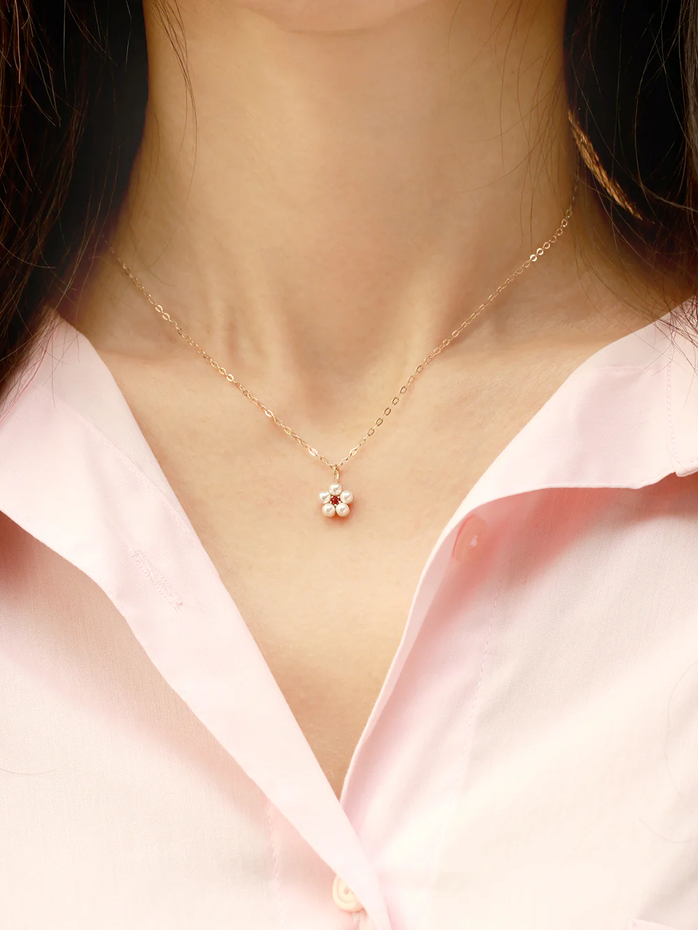 14K 18K Gold Lovely Pearl Flower Cubic Pendant Necklace - Image 10