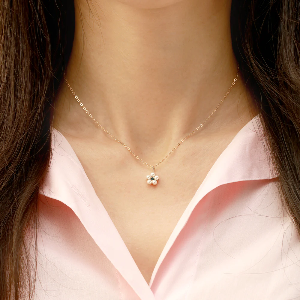 14K 18K Gold Lovely Pearl Flower Cubic Pendant Necklace - Image 12