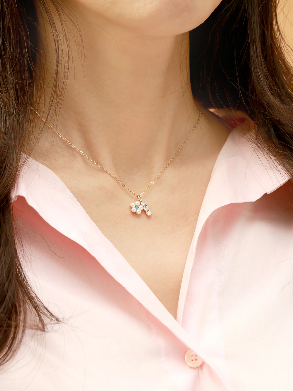 14K 18K Gold Lovely Pearl Flower Cubic Pendant Necklace - Image 6