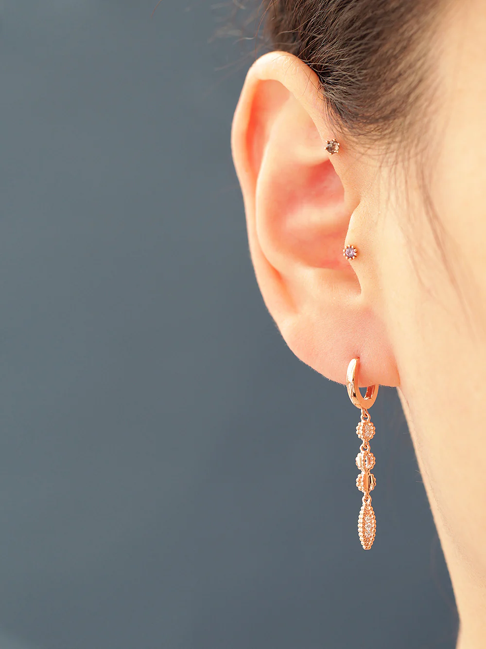 14K 18K Gold Peanunts Cubic Long Drop Cartilage Hoop Earring - Image 2