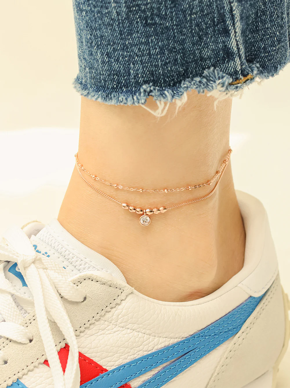 14K 18K Gold Point Cubic Two Lines Ball Chain Anklet - Image 3
