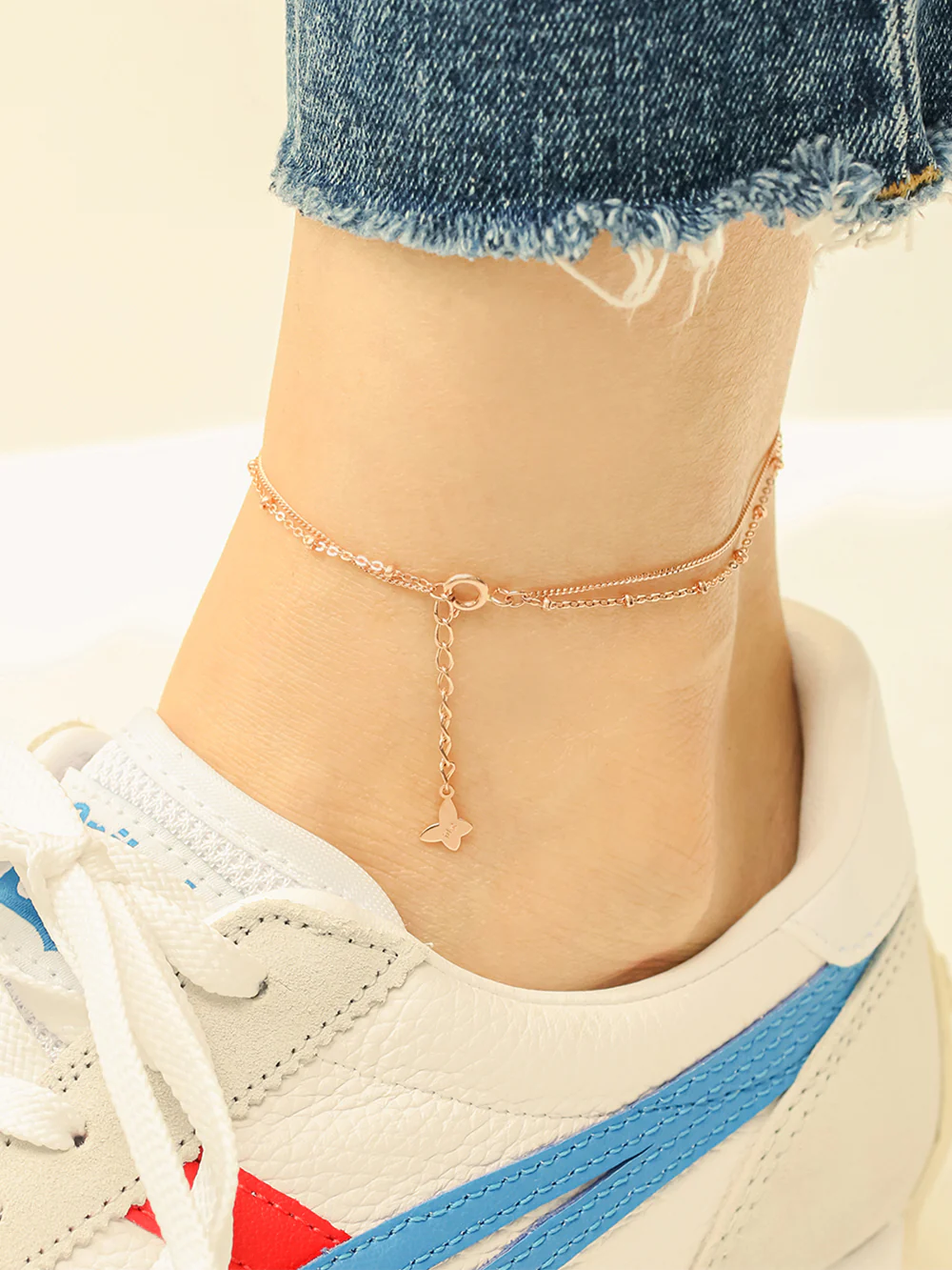 14K 18K Gold Point Cubic Two Lines Ball Chain Anklet - Image 5