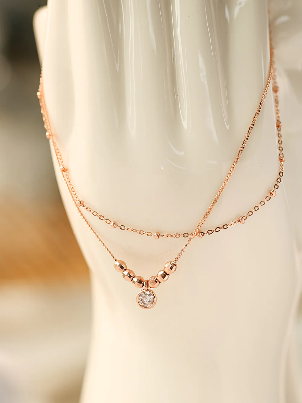 14K 18K Gold Point Cubic Two Lines Ball Chain Anklet - Image 6