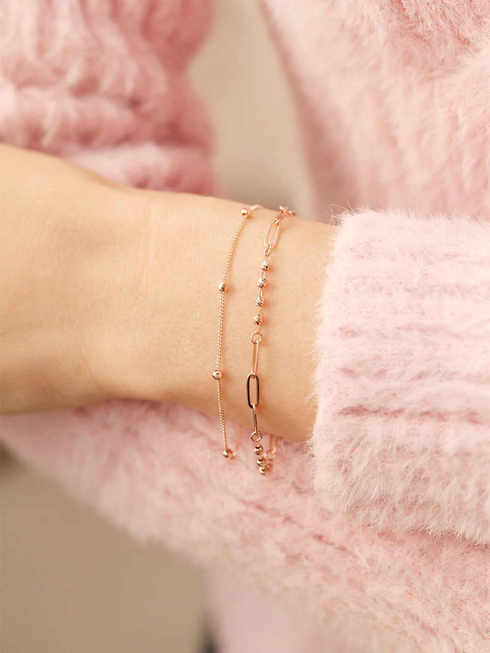 14K 18K Gold Roche Cutting Ball Clip Two Lines Chain Bracelet