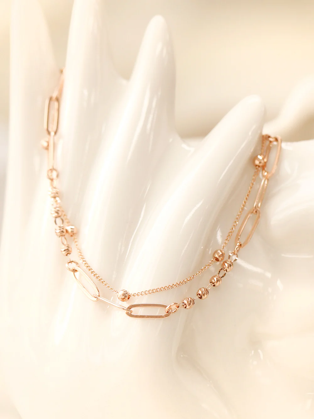 14K 18K Gold Roche Cutting Ball Clip Two Lines Chain Bracelet - Image 2