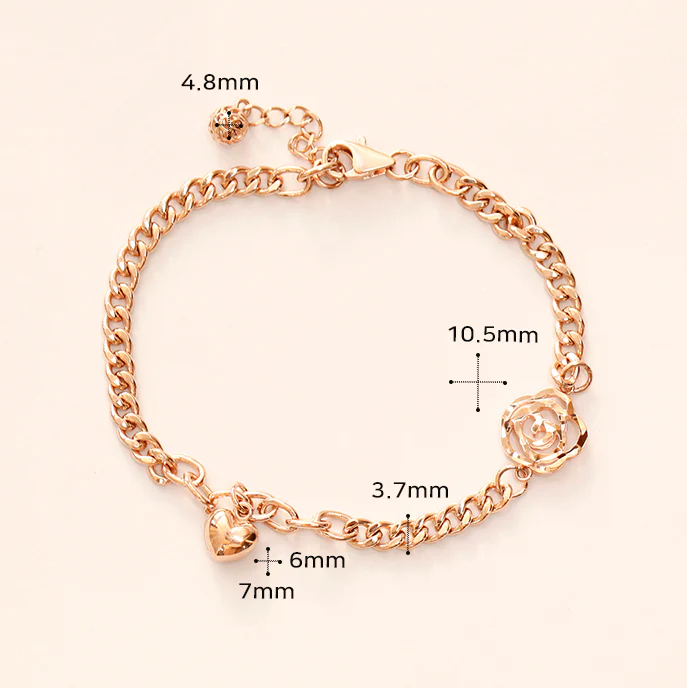 14K Gold Rose Heart Chain Bracelet - Image 10