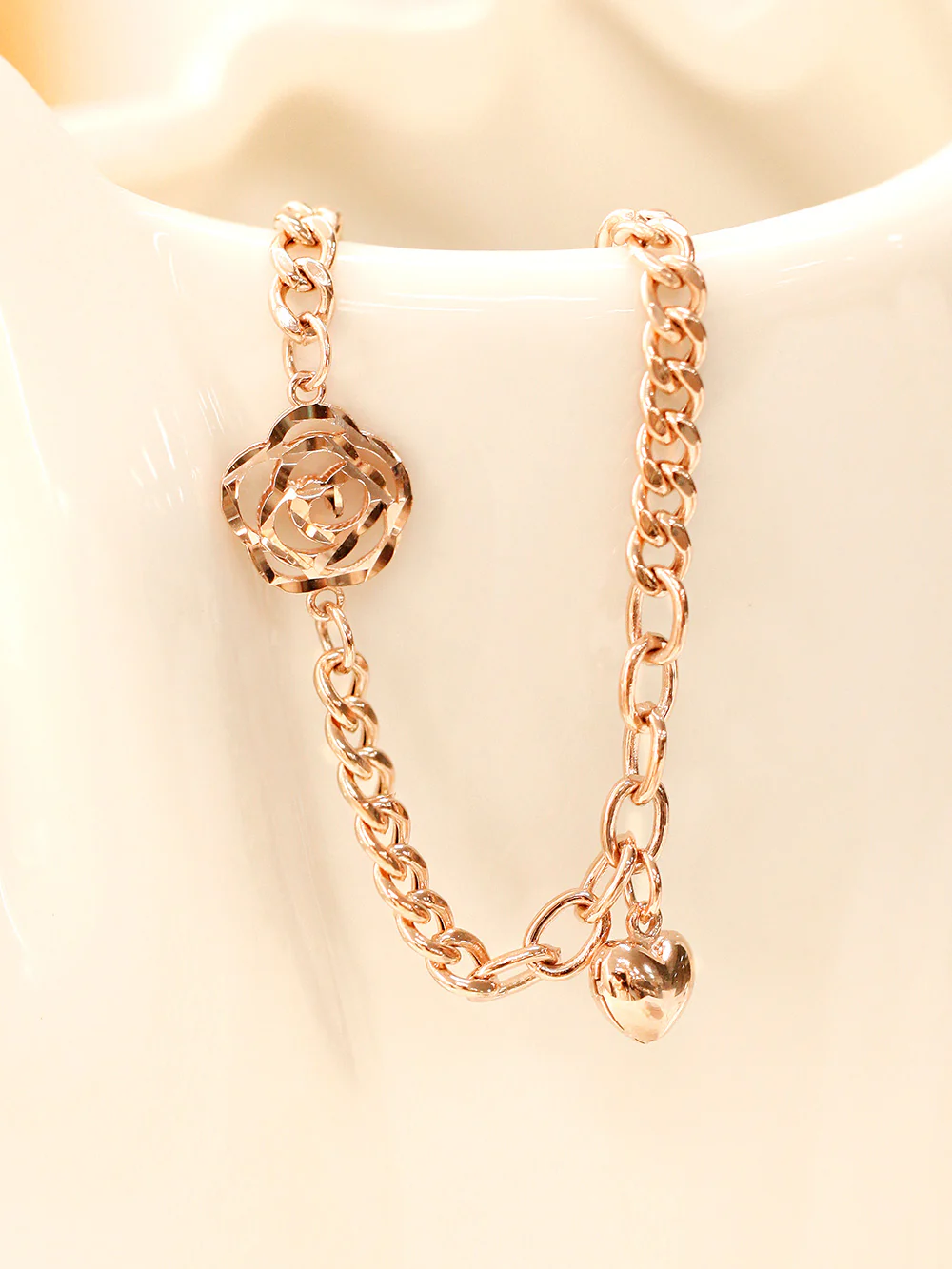 14K Gold Rose Heart Chain Bracelet - Image 3