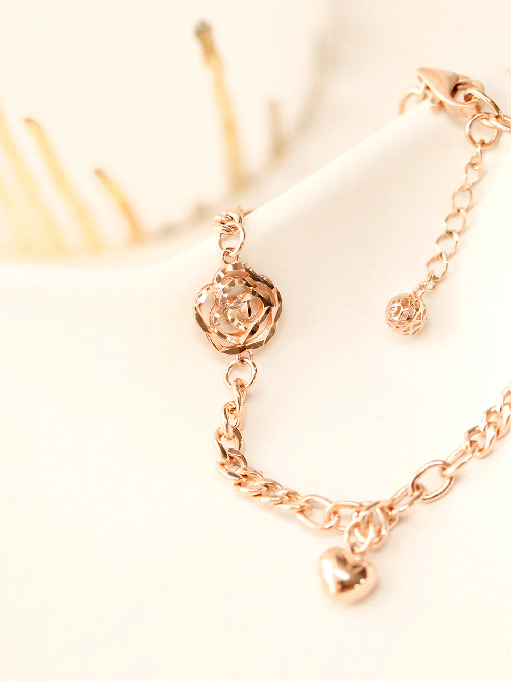 14K Gold Rose Heart Chain Bracelet - Image 8