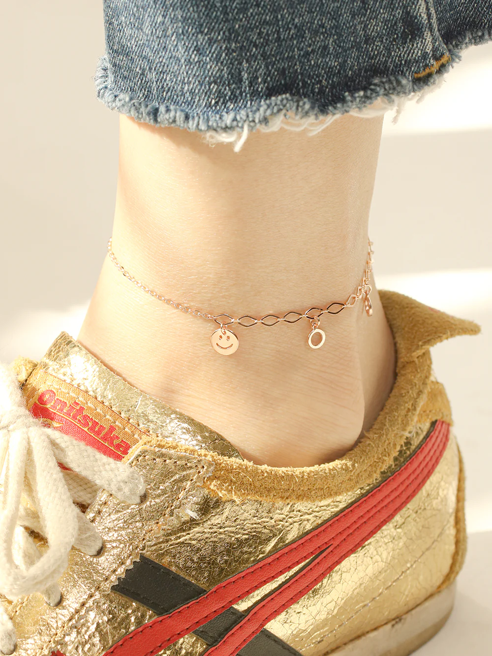 14K 18K Gold Roundy Smile Drop Chain Anklet - Image 3