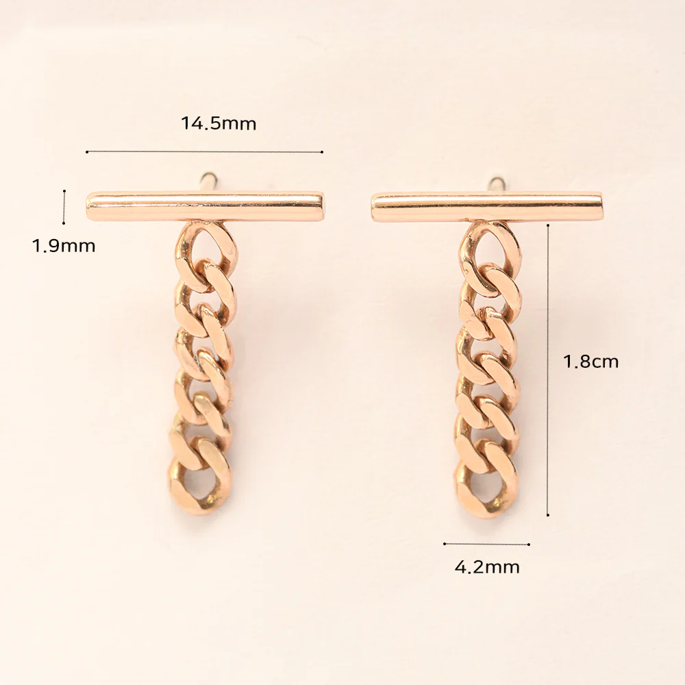 14K 18K Gold Stick Bar Drop Chain Stud Earring - Image 11