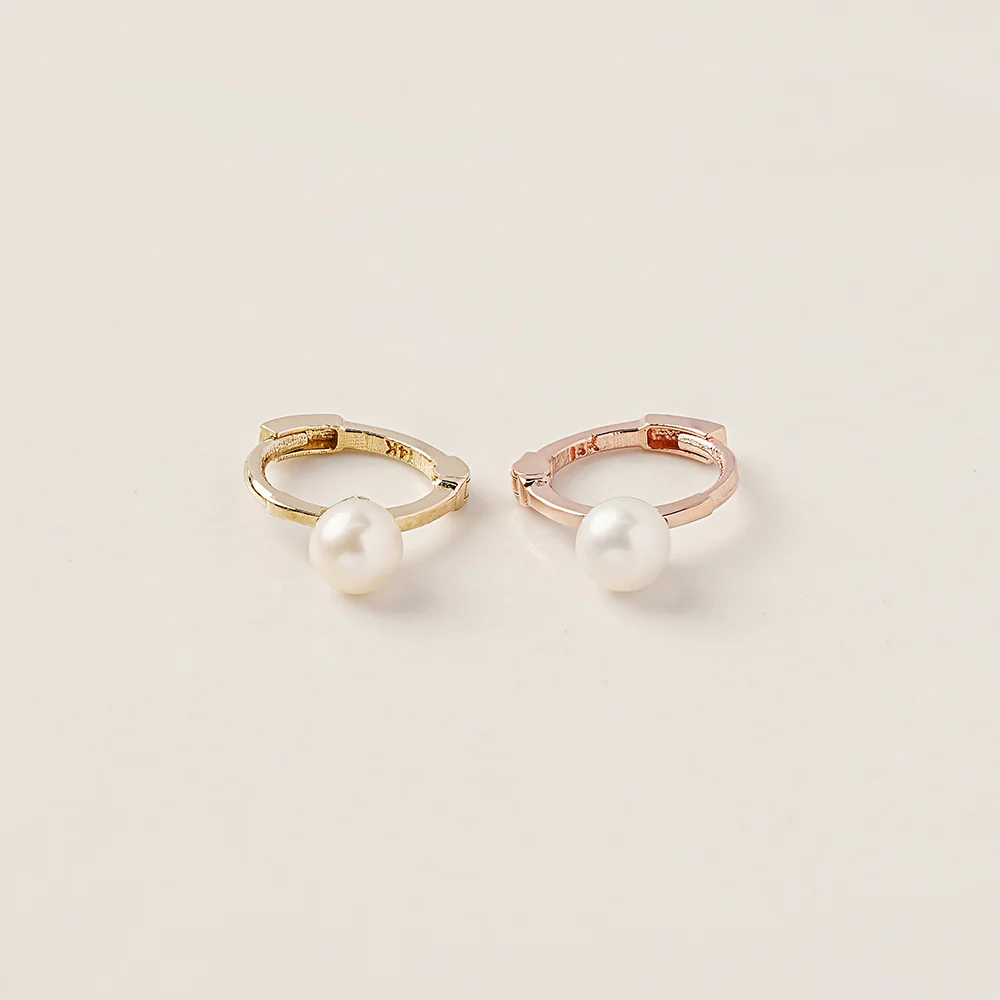 14K 18K Gold Tiny Pearl Cartilage Hoop Earring - Image 12