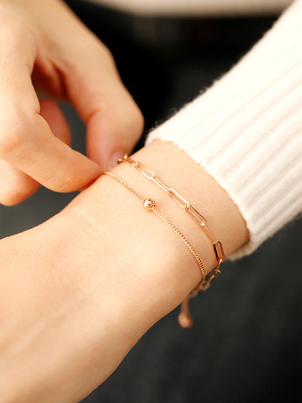 14K 18K Gold Two Chains Clips and Chain Layered Bracelet