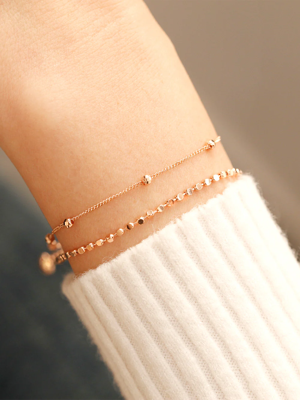 14K 18K Gold Two lines Square Ball Chain Layered Bracelet