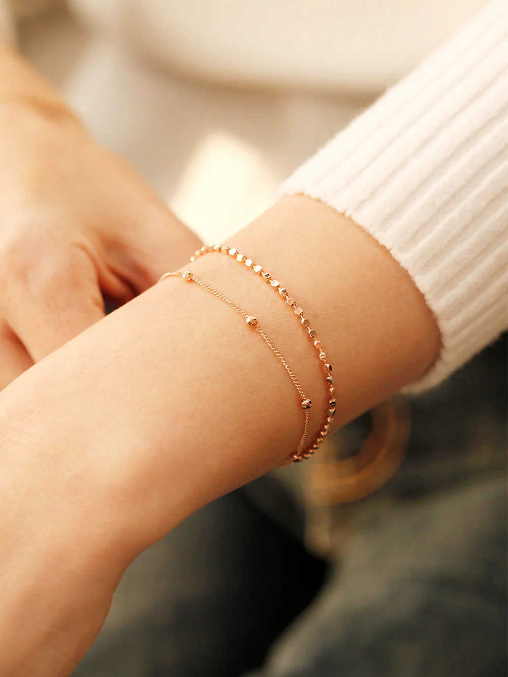 14K 18K Gold Two lines Square Ball Chain Layered Bracelet - Image 3