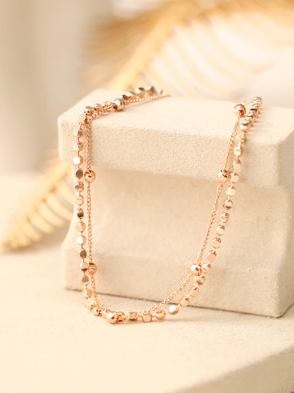 14K 18K Gold Two lines Square Ball Chain Layered Bracelet - Image 4