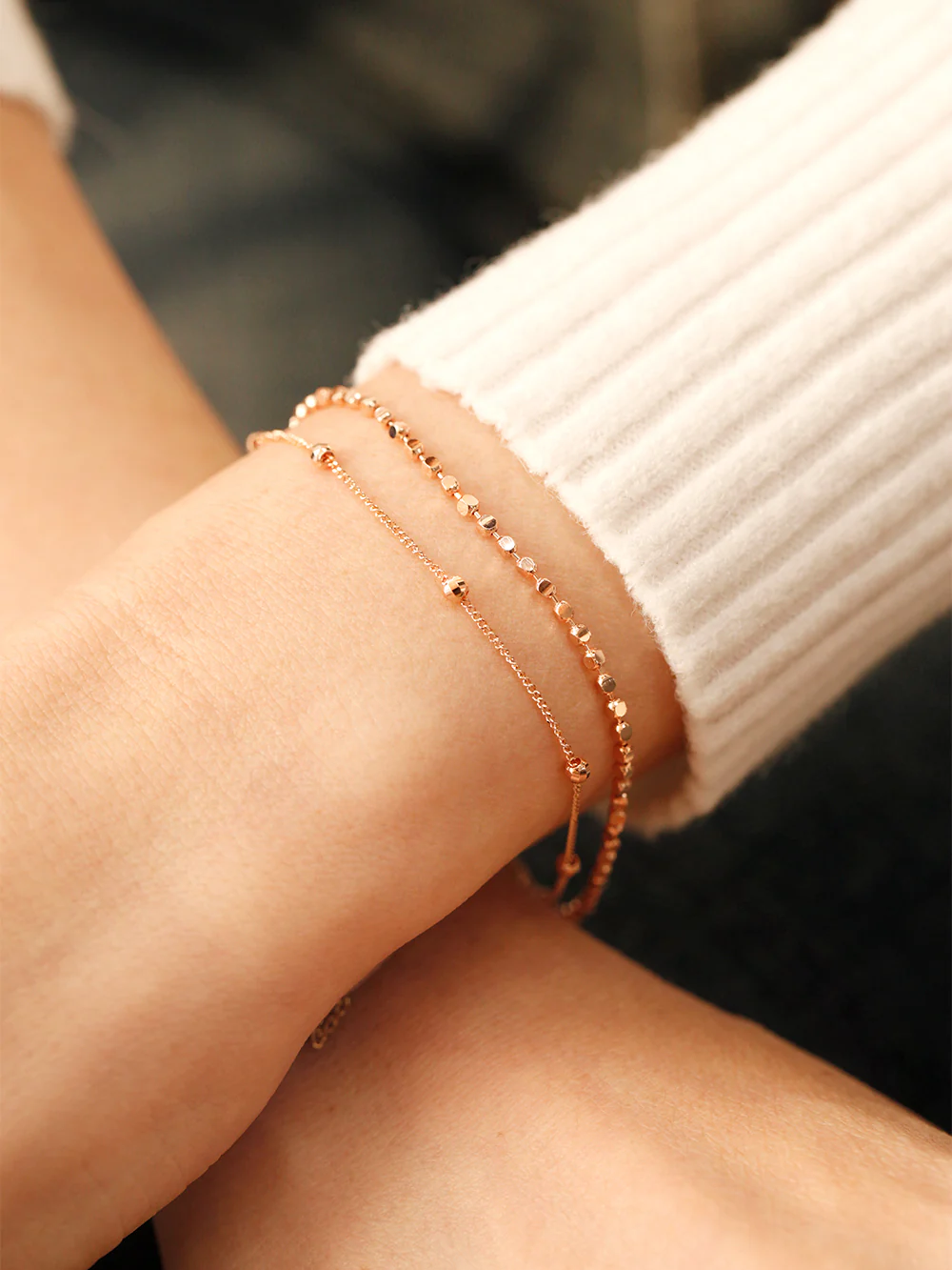 14K 18K Gold Two lines Square Ball Chain Layered Bracelet - Image 7