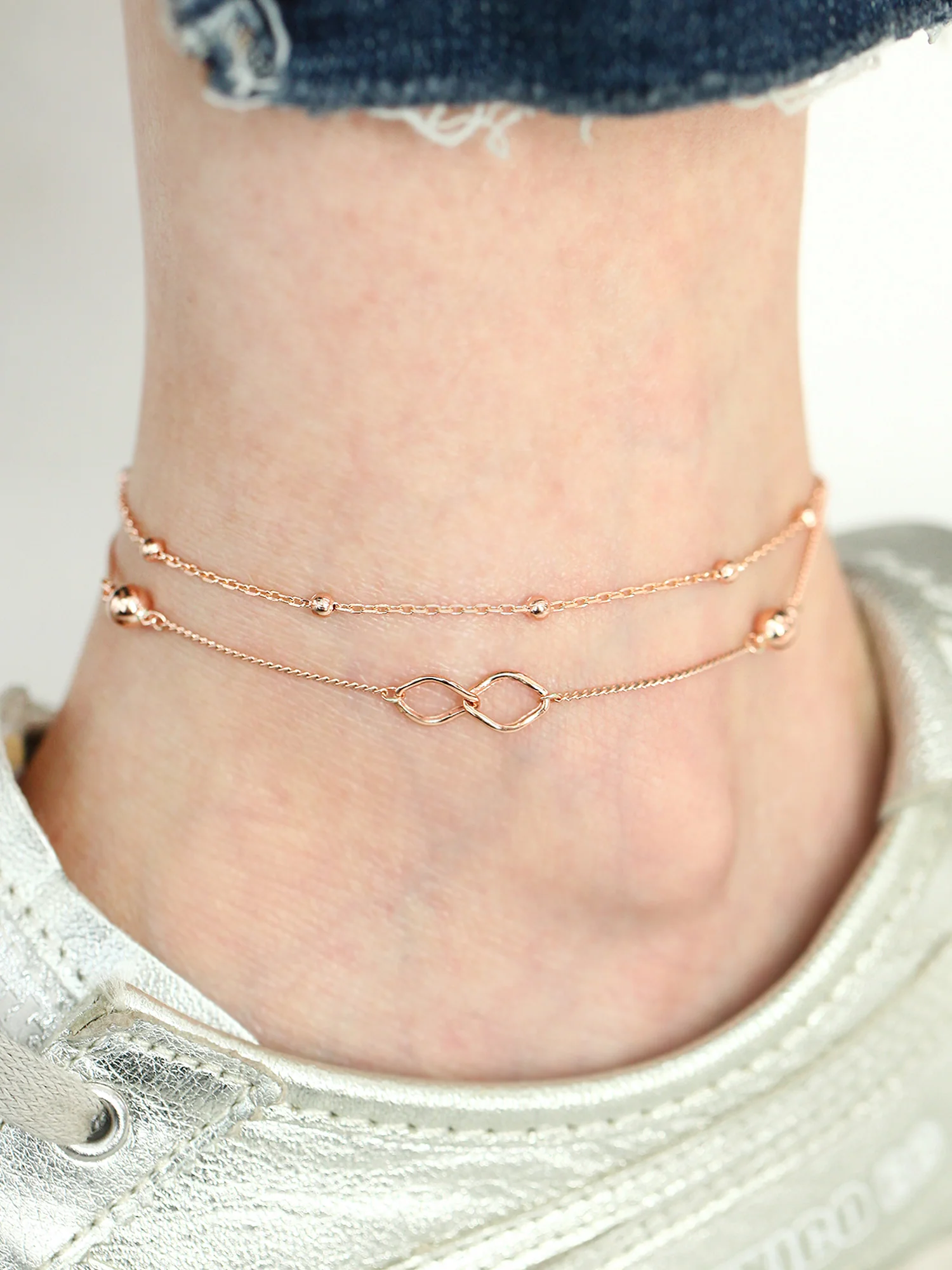 14K 18K Gold Infinite Two-Line Ball Anklet - Image 4