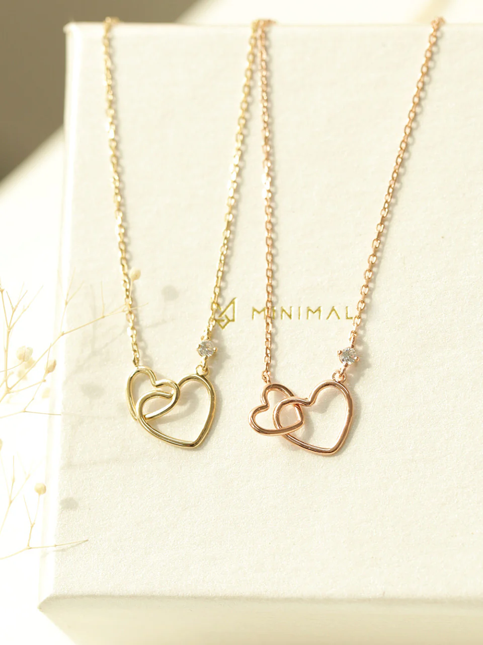 14K 18K Gold Mini Double Heart Necklace - Image 2