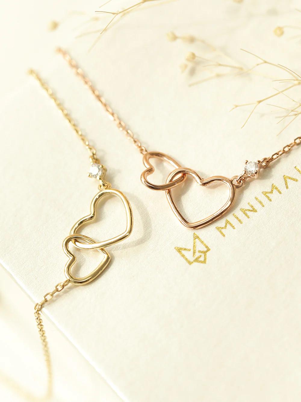 14K 18K Gold Mini Double Heart Necklace - Image 3