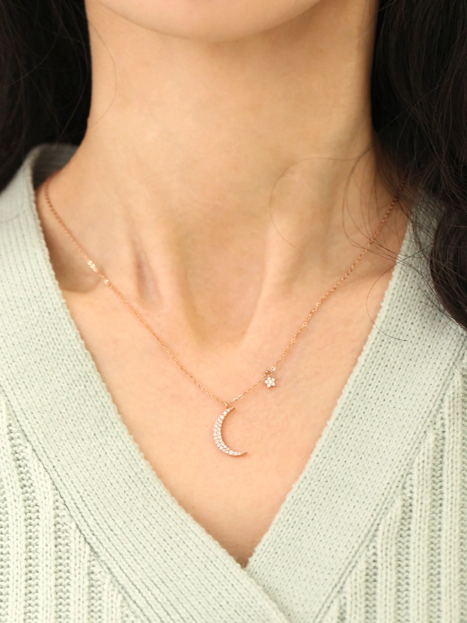 14K 18K Gold Moon and Star Necklace - Image 2
