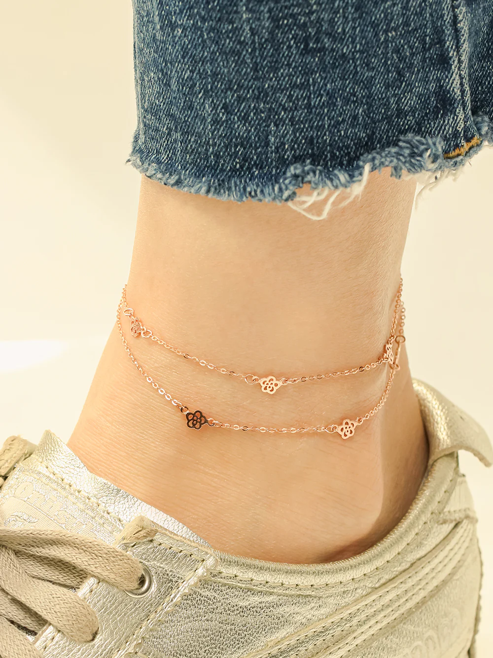 14K 18K Rose to Rose Two lines Chain Anklet