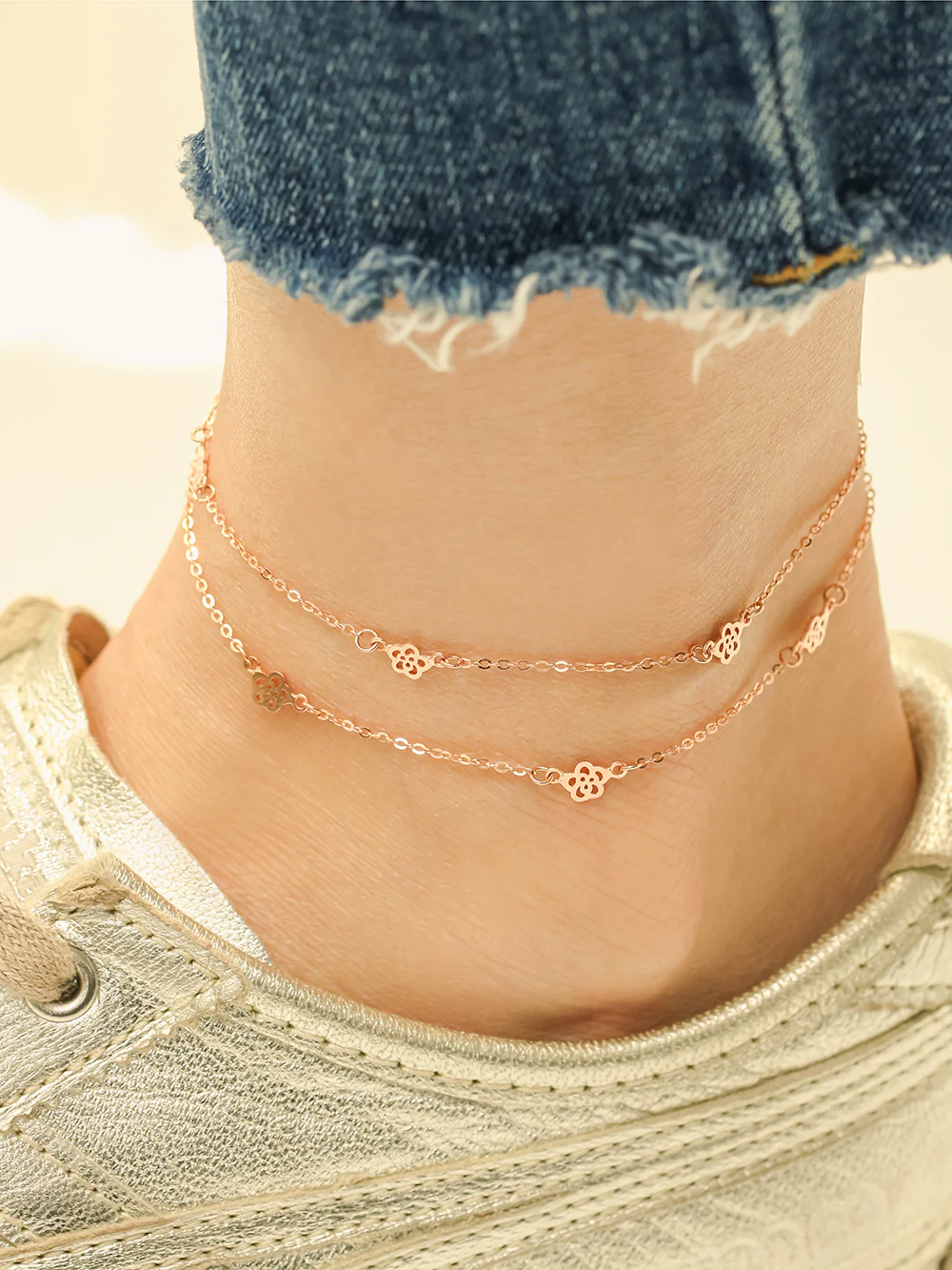 14K 18K Rose to Rose Two lines Chain Anklet - Image 3