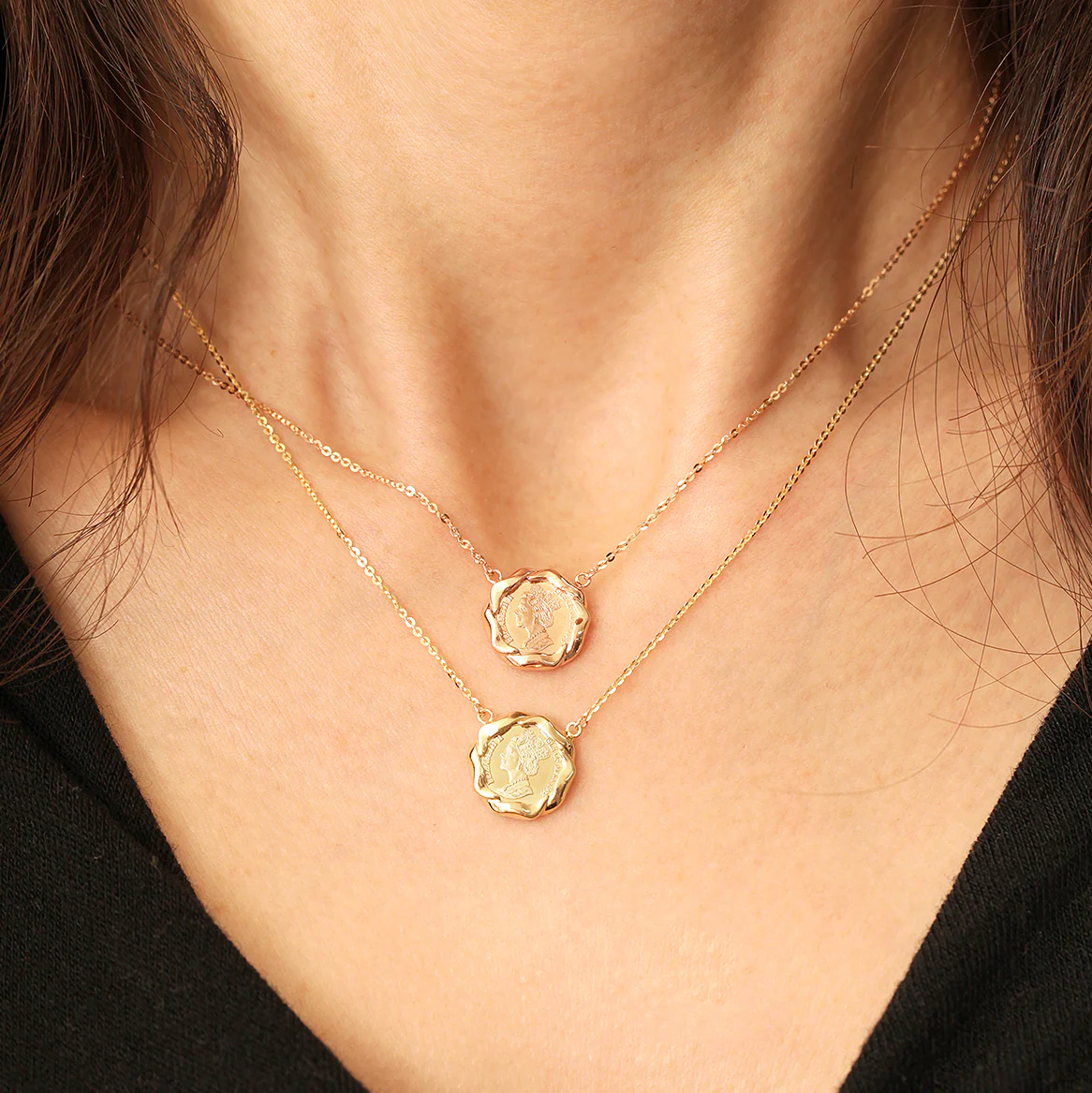 14K 18K Solid Gold Flower Elizabeth Coin Necklace - Image 11
